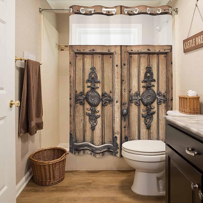 Wood Barn Door No Hook Shower Curtain with Snap in Liner Set, Waterproof Shower Curtains for Bathroom, Wooden Plank Fabric Shower Curtain, See Through Mesh Top Window, 72" W x 96" L