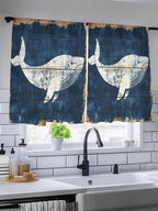 Sheer Curtains 45 Inch Length, Ocean Whale Blue Semi Sheer Curtains Light Filtering Window Treatment, Summer Sea Vintage Wooden Grain Privacy Voile Drapes for Living Room Bedroom 52x45 Inch