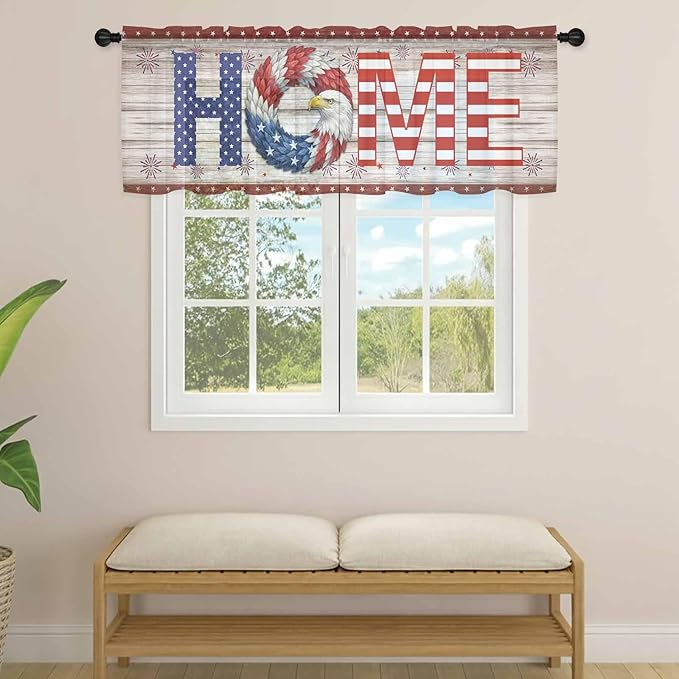 4th of July Sheer Valances for Windows 60"x18", Light Filtering Kitchen Curtains Valance, Stars Striped Farmhouse American Flag Wood Grain Rod Pocket Chiffon Curtains for Living Room Bedroom Cafe