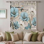 Teal Blue Tulips Bathroom Curtains 63 Inch Length, Window Curtains Tab Top, Spring Floral Barn Doors Vintage Wood Beige Light Filtering Window Treatments Drapes 52"x63" 2 Panel