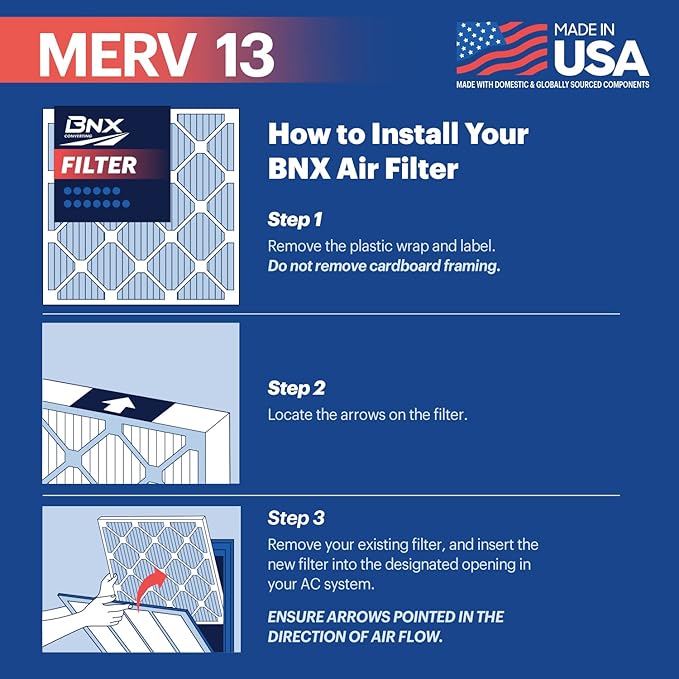 BNX TruFilter 20x23x1 Air Filter MERV 13 (4-Pack) - MADE IN USA - Electrostatic Pleated Air Conditioner HVAC AC Furnace Filters for Allergies, Pollen, Mold, Bacteria, Smoke, Allergen, MPR 1900 FPR 10