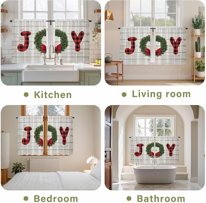 Christmas Wreaths Kitchen Curtains 45 Inch Long 2 Panel Set, Rod Pocket Window Treatment, Winter Bow Plaid Farmhouse Wooden Grain Light Filtering Panels Short Drapes for Bathroom Camper 42"W x 45"L
