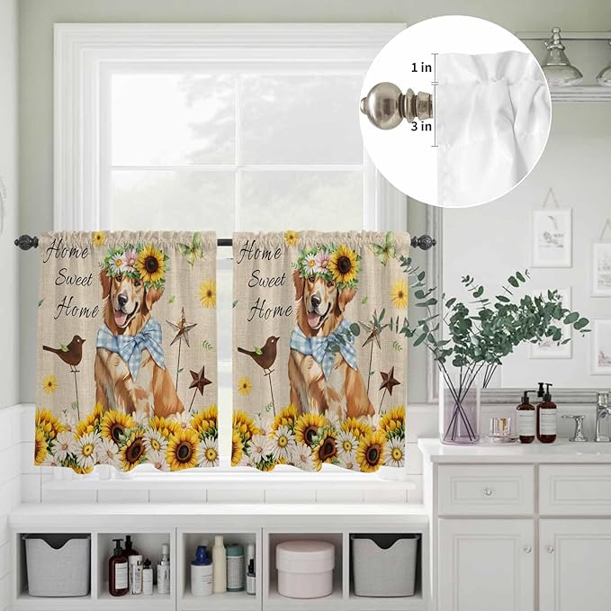 Kitchen Curtains Tiers and Valance Set of 3, Sunflowers Dog Light Filtering Window Curtain Set, Spring Watercolor Floral Stars on Linen Rod Pocket Curtain Drapes for Cafe, Living Room, 36 Inches Tiers