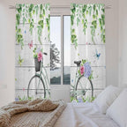 Spring Kitchen Curtains, Bicycles Botanical Rose Leaves Butterfly Wood Grain Light Filtering Window Curtain Panels, 2Pcs Rod Pocket Window Treatments Set for Living Room Bathroom Bedroom 52x72 Inches