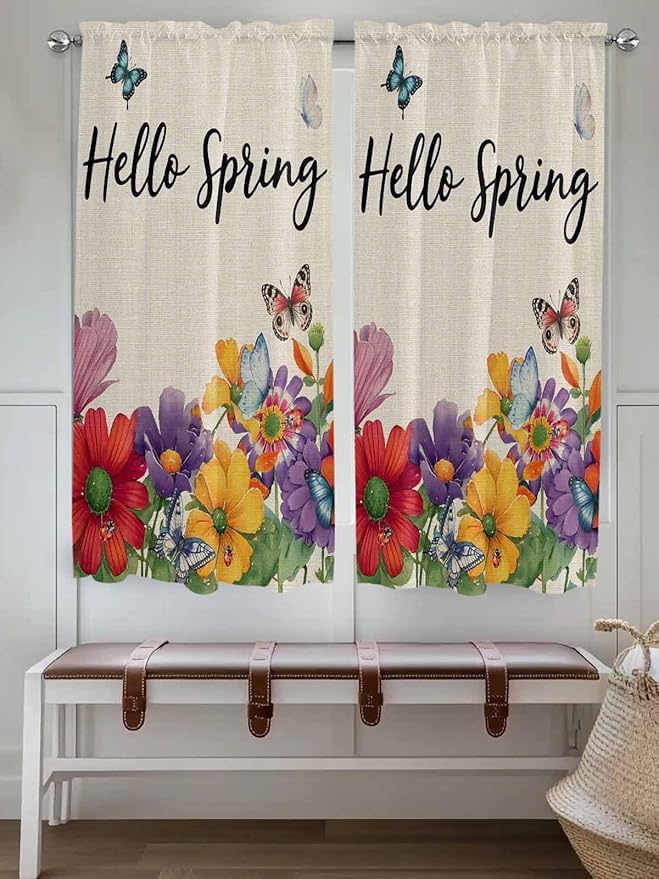 Spring Flowers Living Room Curtains 72 Inches length, Farmhouse Vintage Country Colorful Floral Window Treatment Curtain Drapes, Light Filtering Drapes for Bedroom Laundry Room, 52"x72", 2 Panels