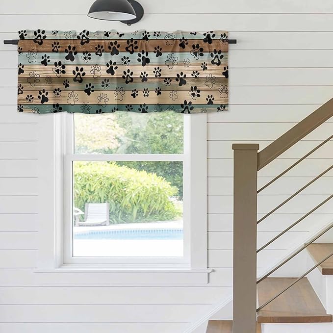 Dog Paws Valances for Windows, Teal Brown Wood Grain Kitchen Valance Light Filtering Rod Pocket Short Curtains for Kitchen Bathroom, 1 Panel, 60"x14"