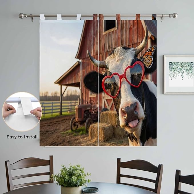 Farm Cows Bathroom Curtains 63 Inch Length, Window Curtains Tab Top, Farmhouse Barn Funny Animals Butterfly Light Filtering Window Treatments Drapes 52"x63" 2 Panel