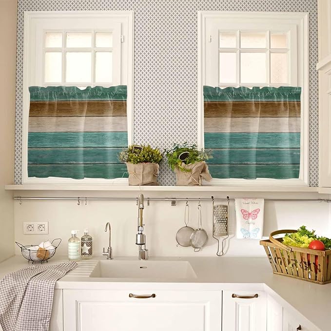 Vintage Plank Turquoise Brown Window Valance Curtains, Farmhouse Wood Grain Light Filtering Kitchen Valance with 3-inch Rod Pocket for Living Room Bathroom Bedroom,2 Panel,27.5x36In