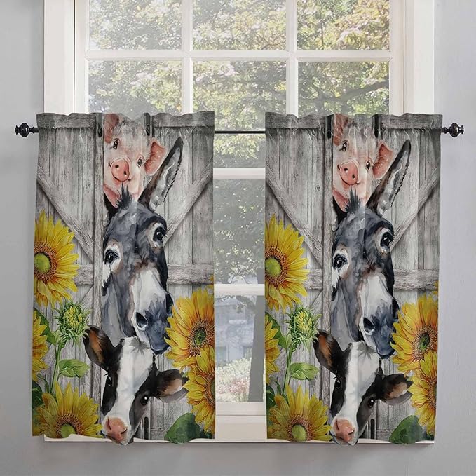 Farmhouse Kitchen Curtains 54 Inches Length, Vintage Sunflowers Animals Printed Wood Grain Window Treatment Curtain Drapes, Decorative Window Curtains for Bedroom Cafe, 52"x54", 2 Panels