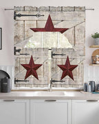 Village Stars Swag Kitchen Curtains Valance and Tier Set, Vintage Dark Red Star Beige Barn Doors Light-Filtering Swag Valance 24 Inch Length, Rod Pocket Short Curtain for Bedroom Cafe
