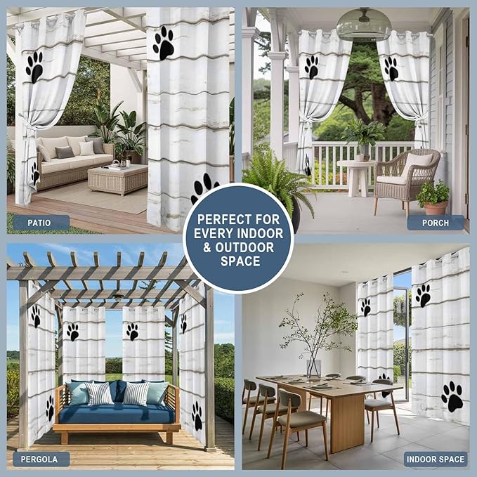 Wood Grain Outdoor Curtains for Patio Claws Animals Wooden White Waterproof Outside Curtains with Grommet Top Weatherproof Curtain for Cabana Pergola Gazebo, 1 Panel, 54" W x 95" L