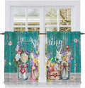 Spring Flowers Tier Curtains, Farmhouse Watercolor Teal Wood Grain Light Filtering Kitchen Curtains, 2Pcs Rod Pocket Half Window Treatments Panels for Sink Cafe Cabinet Basement 27.5x45 Inches
