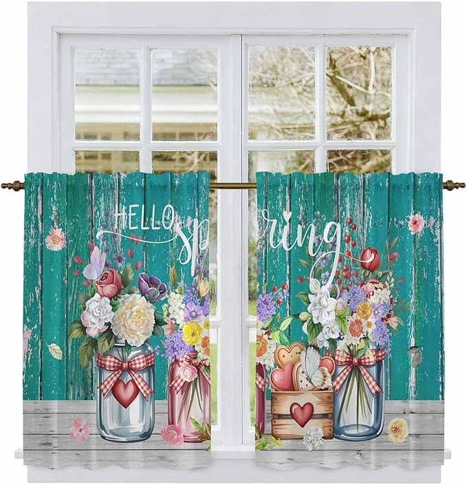 Spring Flowers Kitchen Curtains, Farmhouse Watercolor Teal Wood Grain Light Filtering Window Curtain Panels, 2Pcs Rod Pocket Window Treatments Set for RV Dining Room Study Room 42x54 Inches