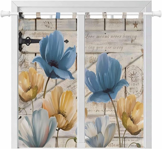 Blue Yellow Tulips Bedroom Curtains 72 Inch Length, Window Curtains Tab Top, Retro Farmhouse Flower Barn Doors Wooden Light Filtering Window Treatments Drapes 52"x72" 2 Panel