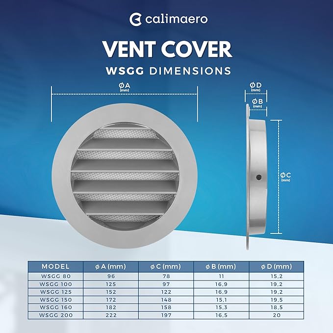 calimaero® WSGG 8" Inch Gray Round Metal Air Vent Grill Cover Flat Louver with Screen Mesh Fits Only with Metal Ducts