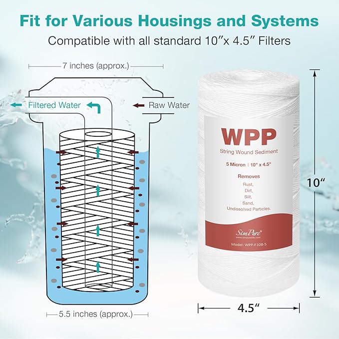 5 Micron 10" x 4.5" String Wound Water Filter Cartridge for Well Water, SimPure Whole House Sediment Filter Replacement for Housing DB10P DB10C (4 Pack)