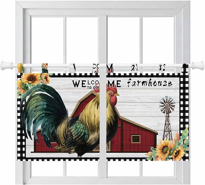 Farmhouse Rooster Kitchen Curtains 24 Inch Length, Small Window Curtains Tab Top, Rustic Red Barn Windmill Sunflowers Light Filtering Short Window Treatments Tier Drapes 27.5"x24" 2 Panel