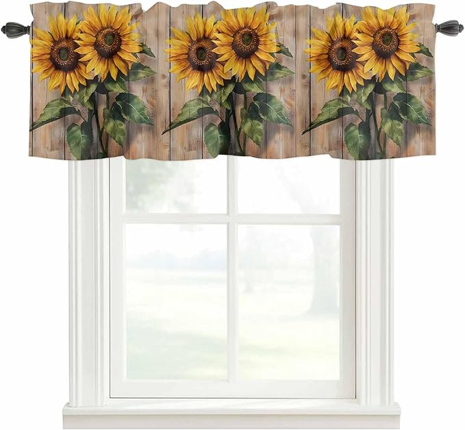 Kitchen Valances for Window, Watercolor Sunflower Retro Board Light Filtering Rod Pocket Valance Curtain, Farm Brown Wood Grain Short Curtains Window Topper for Bedroom Bathroom Living Room 54x18in