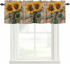 Kitchen Valances for Window, Watercolor Sunflower Retro Board Light Filtering Rod Pocket Valance Curtain, Farm Brown Wood Grain Short Curtains Window Topper for Bedroom Bathroom Living Room 54x18in