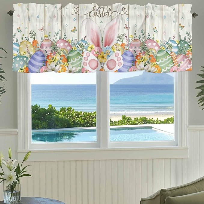 Happy Easter Curtain Valances for Windows, Kitchen Valance Window Treatment, Spring Colorful Eggs Rabbit Ear Feet Flowers Light Filtering Block Curtains for Bathroom/Bedroom/Living Room 60'' x 18''