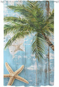 Sheer Curtains 84 Inches Long, Coastal Beach Blue Semi Sheer Curtains Light Filtering Window Treatment, Tropical Coconut Tree Vintage Wood Grain Privacy Voile Drapes for Living Room Bedroom 52x84 Inch