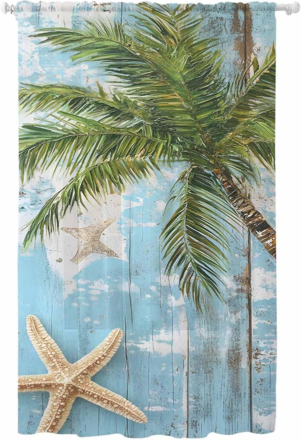 Sheer Curtains 108 Inches Long, Coastal Beach Blue Semi Sheer Curtains Light Filtering Window Treatment, Tropical Coconut Tree Vintage Wood Grain Privacy Voile Drapes for Living Room 52x108 Inch