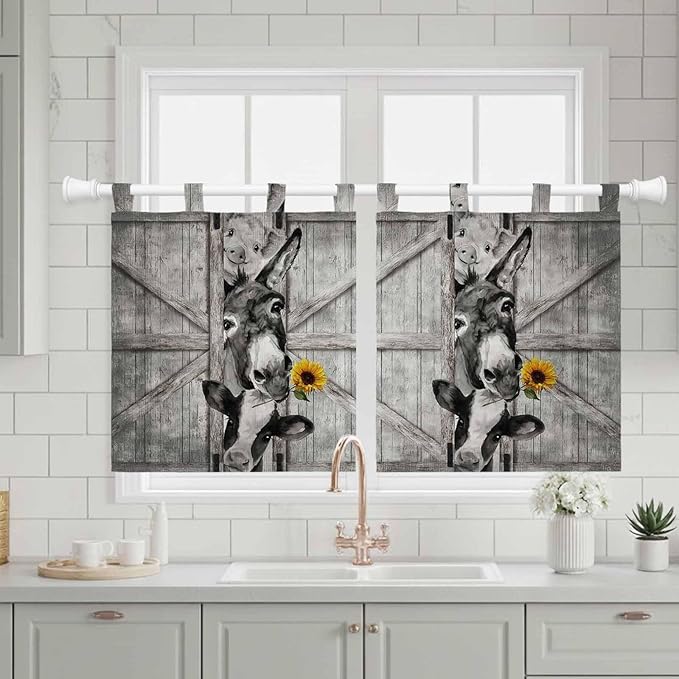 Funny Farm Animals Kitchen Curtains 24 Inch Length, Small Window Curtains Tab Top, Vintage Barn Grey Sunflowers Light Filtering Short Window Treatments Tier Drapes 27.5"x24" 2 Panel