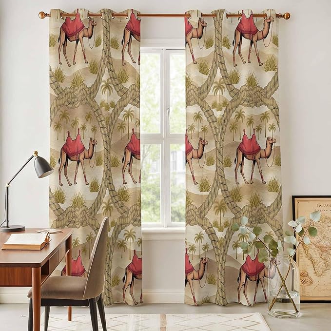 2 Panel Kitchen Cafe Curtains, Desert Camels Sunlight Filtering Nature Air Through, Home Decor Window Covering Tier Curtains for Living Room 104W x 96L inch Tropical Palm Trees Sand Cords Brown