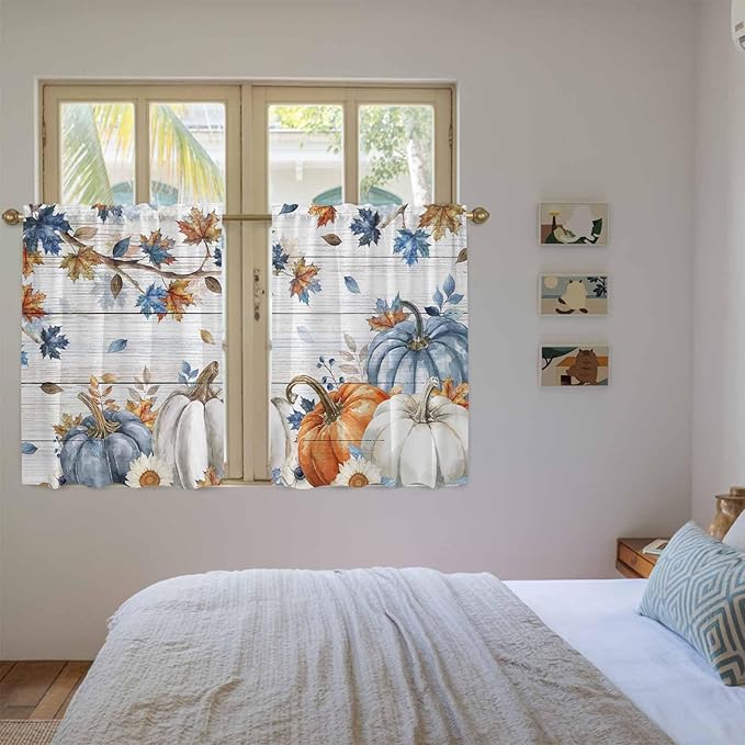 Thanksgiving Pumpkin Kitchen Curtains 54 Inch Long 2 Panel Set, Rod Pocket Window Curtains Panels, Fall Maple Leaf Daisy Wooden Grain Light Filtering Privacy Draperies for Bedroom Laundry 42"W x 54"L