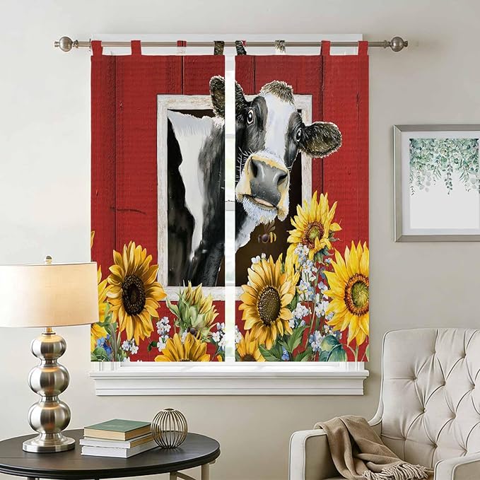 Cows Sunflowers Living Room Curtains 84 Inch Length, Window Curtains Tab Top, Spring Botanical Floral Bees Red Barn Light Filtering Window Treatments Drapes 42"x84" 2 Panel