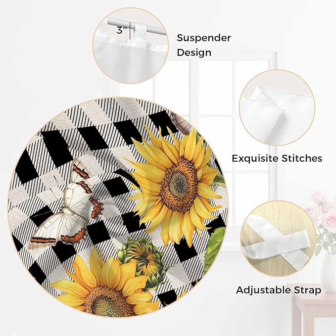 Sunflowers Kitchen Curtains 24 Inch Length, Small Window Curtains Tab Top, Yellow Flowers Butterfly Farmhouse Black Plaid Light Filtering Short Window Treatments Tier Drapes 27.5"x24" 2 Panel