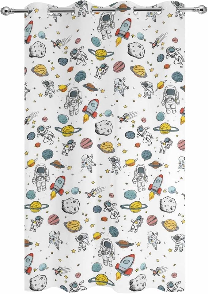Cartoon Space Outdoor Curtains for Patio Astronauts Spacecraft Rockets Waterproof Outside Curtains with Grommet Top Weatherproof Curtain for Cabana Pergola Gazebo, 1 Panel, 54" W x 108" L