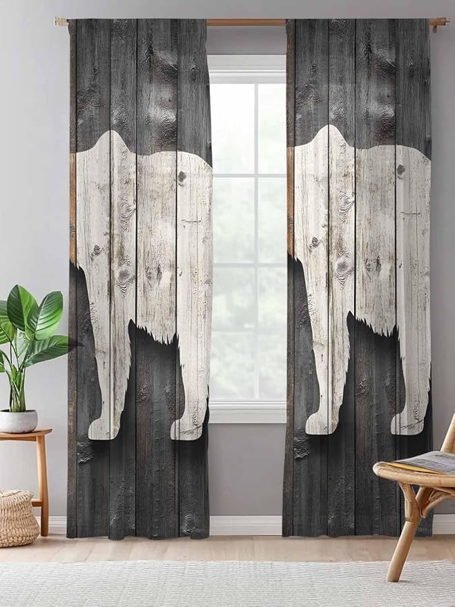 Sheer Curtains 108 Inches Long, Vintage White Brown Bear Semi Sheer Curtains Light Filtering Window Treatment, Retro Country Rustic Wood Grain Privacy Voile Drapes for Living Room Bedroom 52x108 Inch