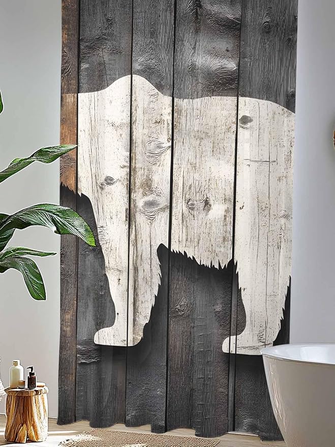 Sheer Curtains 96 Inches Long, Vintage White Brown Bear Semi Sheer Curtains Light Filtering Window Treatment, Retro Country Rustic Wood Grain Privacy Voile Drapes for Living Room Bedroom 52x96 Inch