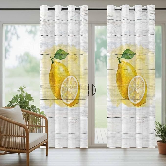 Lemons Yellow Summer Fruit Vintage Wood Outdoor Curtains for Patio Waterproof Outside Curtains with Grommet Top Weatherproof Curtain for Cabana Pergola Gazebo, 1 Panel, 54" W x 95" L
