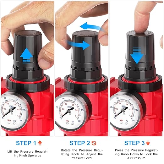 TAILONZ PNEUMATIC 0-150PSI 3/8 Inch NPT Red Industrial Grade 5 Stage Air Drying System, Particulate Filter, Coalescing Filter, Double Desiccant Dryer and Air Regulator (Manual Drainage)