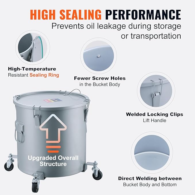 VEVOR Fryer Grease Bucket, 8 Gal Oil Disposal Caddy with Caster Base, Carbon Steel with Rust-Proof Coating, Oil Transport Container with Lid, Lock Clips, Filter Bag for Hot Cooking Oil Filtering