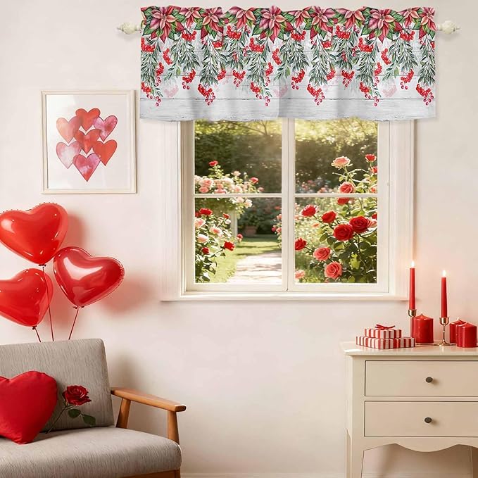 Poinsettia Berry Valance Curtains for Kitchen, Red Floral Winter Plants Vintage Wood Grain Privacy Rod Pocket Valance Curtain, Light-Filtering Window Treatment for Bedroom Bathroom, 60"x18"
