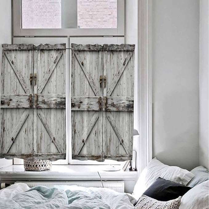 Vintage Gate Tier Curtains 45 Inches Long, Farmhouse Wooden Grain Shabby Chic Door Window Treatment Curtain Drapes, Window Half Privacy Curtains for Bedroom Bathroom, 42"x45", 2 Panels