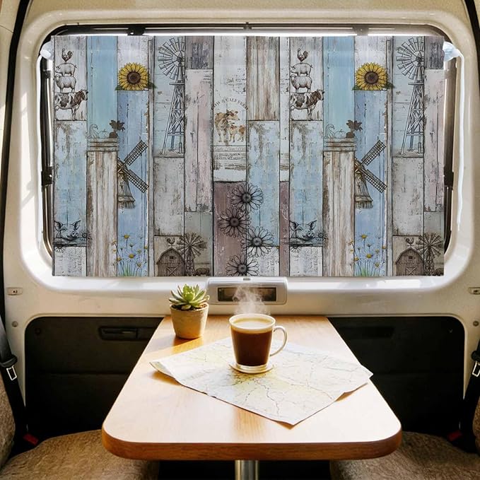 Blue Grey Wooden Magnetic Double Layer Car Window Shades,Side Window Curtains for Blackout/Breathable Mesh View,Farmhouse Barn Sunflowers Retro Privacy Sun Shades for Heat/UV Protection 26x20in 2pcs