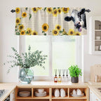 Kitchen Curtains Tiers and Valance Set of 3, Cow Sunflowers Light Filtering Window Curtain Set, Country Vintage Animals Floral Leaves Rod Pocket Curtain Drapes for Cafe, Living Room, 36 Inches Tiers