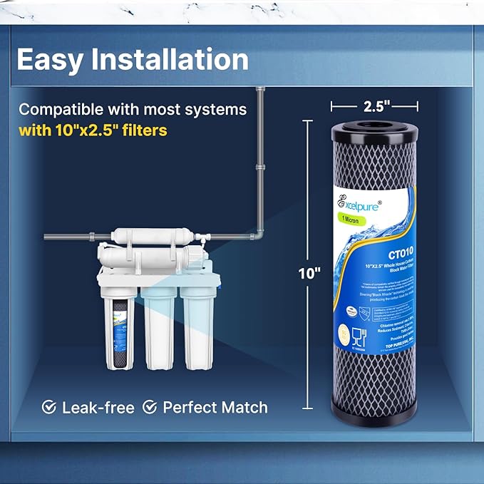 EXCELPURE 1 Micron 10" x 2.5" Whole House CTO Carbon Water Filter Cartridge Replacement for Home Countertop System, Dupont WFPFC8002, WFPFC9001, FXWTC, SCWH-5, WHEF-WHWC, WHCF-WHWC, CTO10, T01, 3PACK