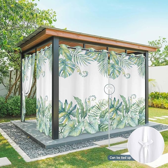 Leaves Outdoor Curtains for Patio Green Leaf Tropical Plants Farmhouse Pastoral Waterproof Outside Curtains with Grommet Top Weatherproof Curtain for Cabana Pergola Gazebo, 1 Panel, 54" W x 95" L