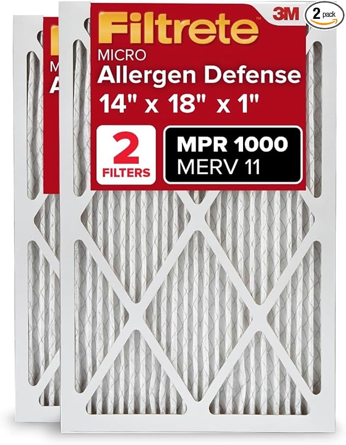 Filtrete 14x18x1 AC Furnace Air Filter, MERV 11, MPR 1000, Micro Allergen Defense, 3-Month Pleated 1-Inch Electrostatic Air Cleaning Filter, 2 Pack (Actual Size 13.81 x 17.81 x 0.81 in)