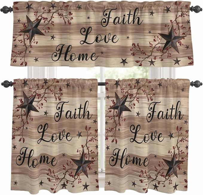 Kitchen Curtains Tiers and Valance Set of 3, Farmhouse Star Brown Light Filtering Window Curtain Set, Retro Branches Berry Wooden Grain Rod Pocket Curtain Drapes for Cafe, Living Room, 36 Inches Tiers
