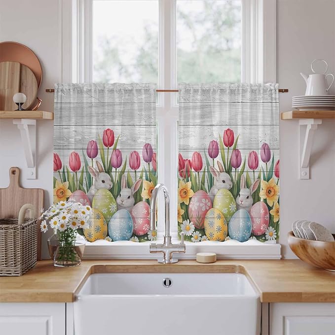 Easter Kitchen Curtains 54 Inch Long 2 Panel Set, Rod Pocket Window Curtains Panels, Retro Spring Bunny Eggs Tulip Farm Wooden Grain Light Filtering Privacy Draperies for Bedroom Laundry 42"W x 54"L