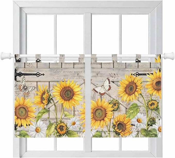 Farm Flowers Kitchen Curtains 24 Inch Length, Small Window Curtains Tab Top, Retro Sunflowers Barn Doors Butterfly Wood Board Light Filtering Short Window Treatments Tier Drapes 27.5"x24" 2 Panel
