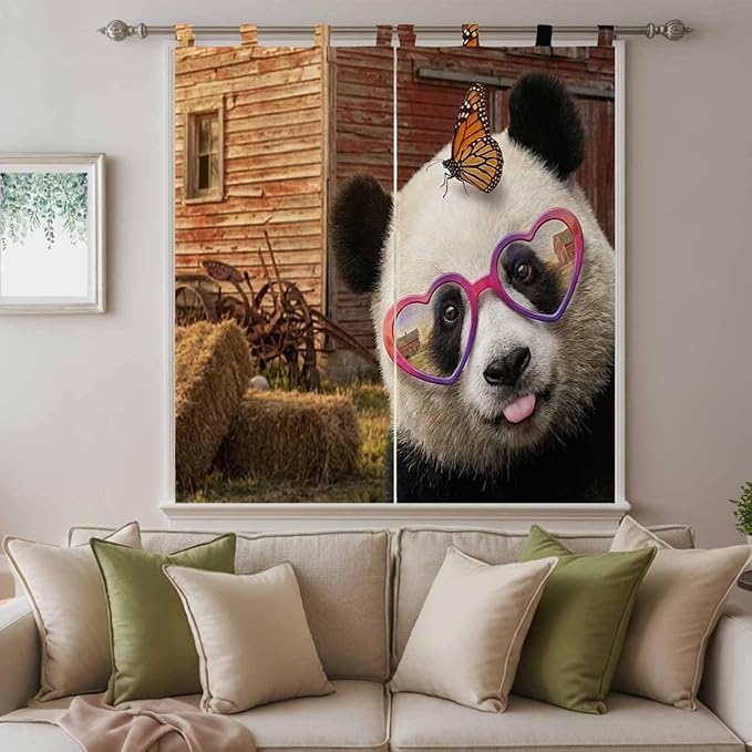 Farm Panda Bedroom Curtains 72 Inch Length, Window Curtains Tab Top, Farmhouse Barn Funny Animals Butterfly Light Filtering Window Treatments Drapes 52"x72" 2 Panel