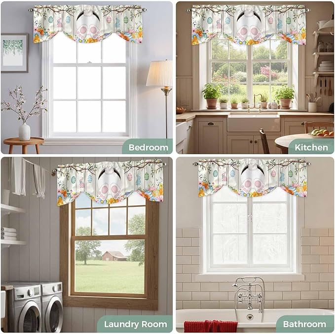 Easter Tie Up Valance Curtains for Windows, Kitchen Curtains Window Shades, Spring Farmhouse Watercolor Bunny Eggs Wood Grain Light Filtering Roman Curtain Valances for Bedroom/Bathroom/Cafe 42"x18"