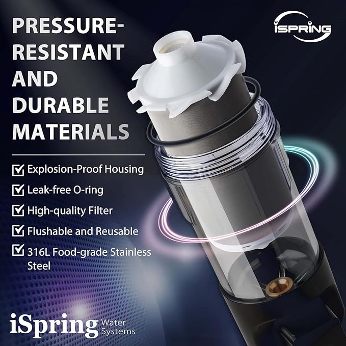 iSpring WSP50ARJ, NSF Certified, Spin-Down Sediment Water Filter, Upgraded Jumbo Size, Large Capacity, Reusable with Touch-Screen Auto Flushing Module, Brass Top Clear Housing, 50 Microns